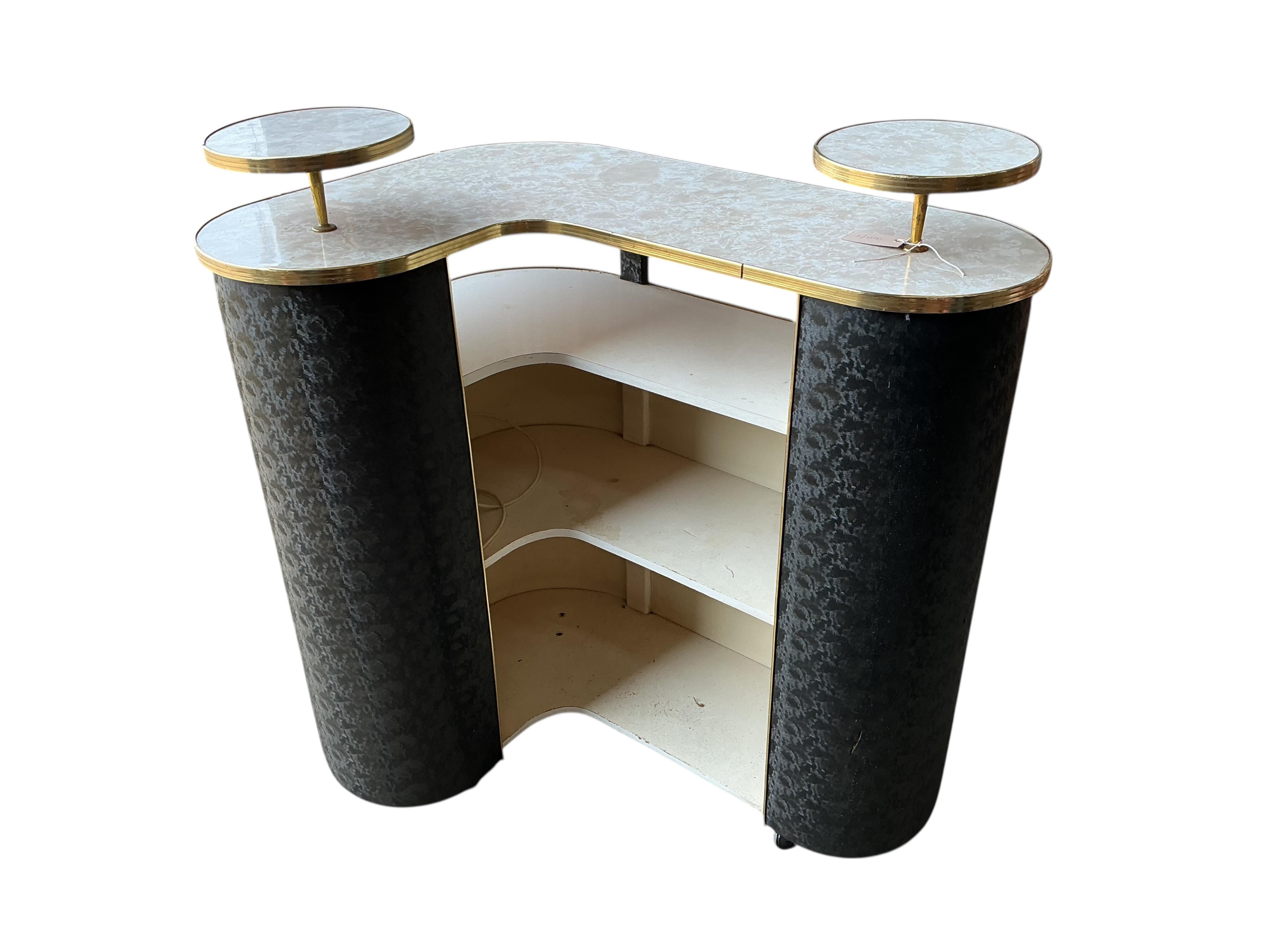 A 1970's formica and black fabric bar unit, width 88cm, depth 88cm, height 64cm, height 102cm